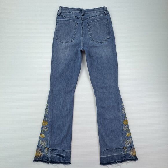 Ashley Mason Premium Jeans Sz 5/27 Flare Daisy Embroidered Raw Hem Y2K Boho - Picture 6 of 13